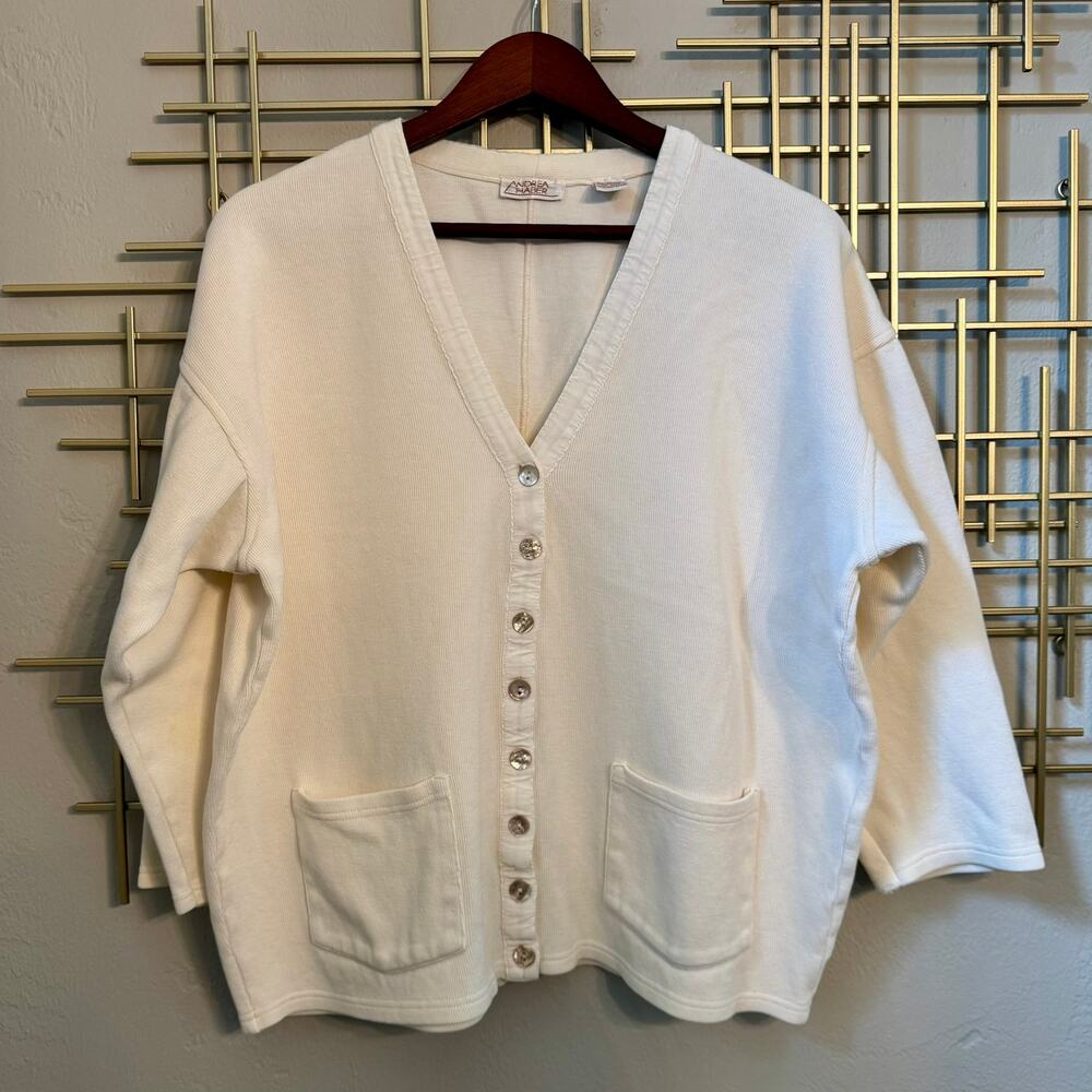 Andrea Haber White Cotton Cardigan Sweater Medium